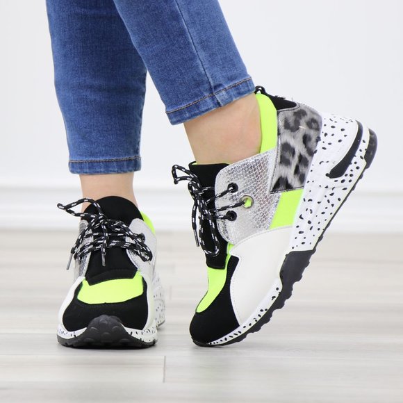 White Neon Animal Print Fashion Comfort Wedge Heel Sneakers Shoes - Picture 12 of 14